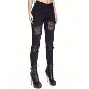 Gothic Distressed Black Stretch Skinny Jeans w/ Spider Web Lace Panels Goth XL